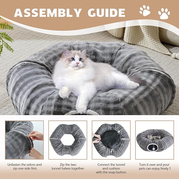 Bubble Cat Tunnel for Indoor Cats, Round Peekaboo Cave Toy with Dangling Balls, Donut Tunnel Bed with Circle Mat for Puppy Kitten Rabbit, Grey-PawvioPets