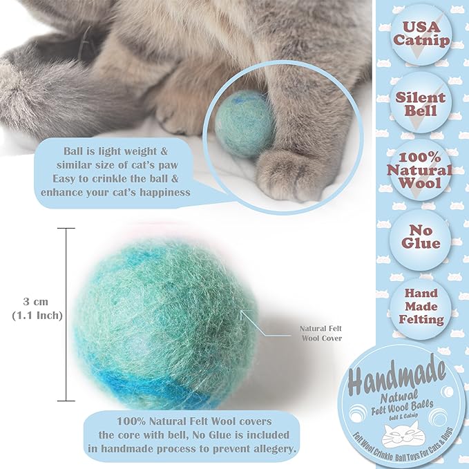 Felt Wool Cat Toys Ball with Catnip and Bell, Natural Handmade (Baby Blue (5 Units))-PawvioPets