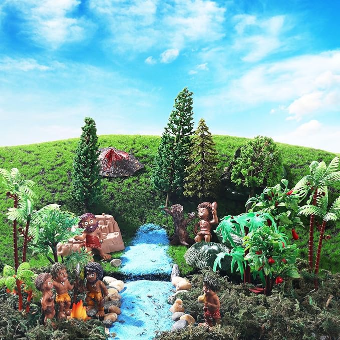 27 Pcs Primitive Man Figurines Kit, Include Diorama Supplies Mini People Figures Mixed Model Trees Stone Sand for Diorama Box Educational School Project Gift-PawvioPets