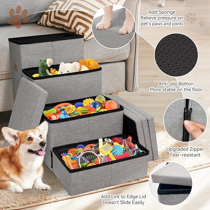 Dog Stairs 23" H, 4-Step Wider Dog Steps for High Beds Window, Folding Storage Pet Stairs Gift for Small/Medium/Large Old Dogs Cats, Ramp for Climbing Car Up to 200 lbs (Gray, with Condo)-PawvioPets