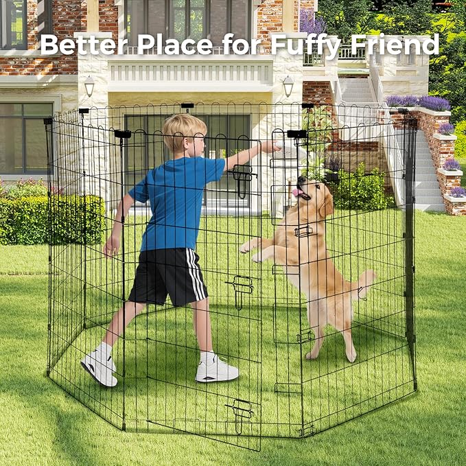 Foldable Dog Playpen 48" Height 8 Panels Metal Exercise Pen with Door - Indoor/Outdoor Dog Play Pen for Medium-Large Dogs, Portable Pet Fence for Yard Garden Camping, Black-PawvioPets