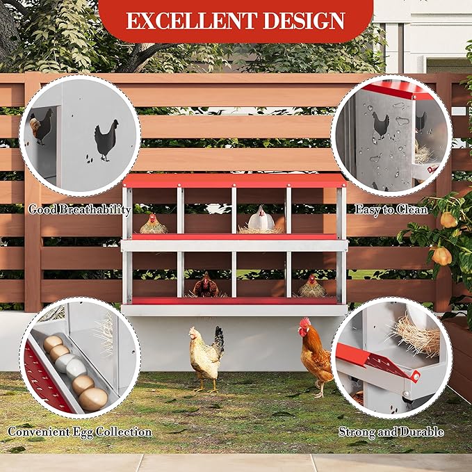 8 Hole Chicken Nesting Box with Roll Out Egg Tray, Rustproof & Ventilated Chicken Laying Boxes for Hens, Chickens, Ducks | Easy-Clean Poultry Coop Accessories-PawvioPets