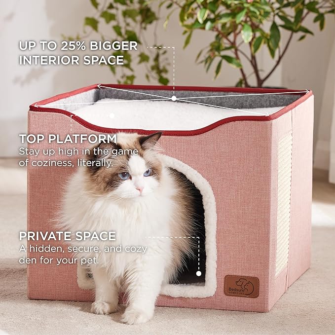 Bedsure Cat Beds for Indoor Cats - Large Cat Cave for Pet Cat House with Fluffy Ball Hanging and Scratch Pad, Foldable Cat Hideaway,16.5x16.5x13 inches, Pink-PawvioPets