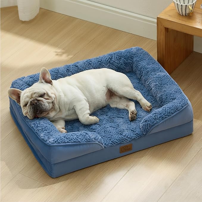 Bedsure Orthopedic Dog Bed Medium Size Dogs - Washable Medium Dog Cat Bed Waterproof, Comfort Pet Couch Sofa with Washable Removable Cover, Pets Bed with Nonskid Bottom, Plush-Blue, 28"-PawvioPets