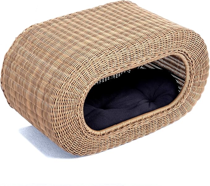 Fun Stackable Wicker Cat Hideaway House - Interactive Play Rattan Cat House for Indoor Cats Kitty, Pet Friendly Top/Side House Entry, Cat Bed Enclosed-PawvioPets