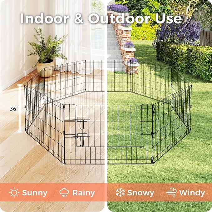 Foldable Dog Playpen 36" Height 8 Panels Metal Exercise Pen with Door - Indoor/Outdoor Dog Play Pen for Small-Medium Dogs, Portable Pet Fence for Yard Garden Camping, Black-PawvioPets