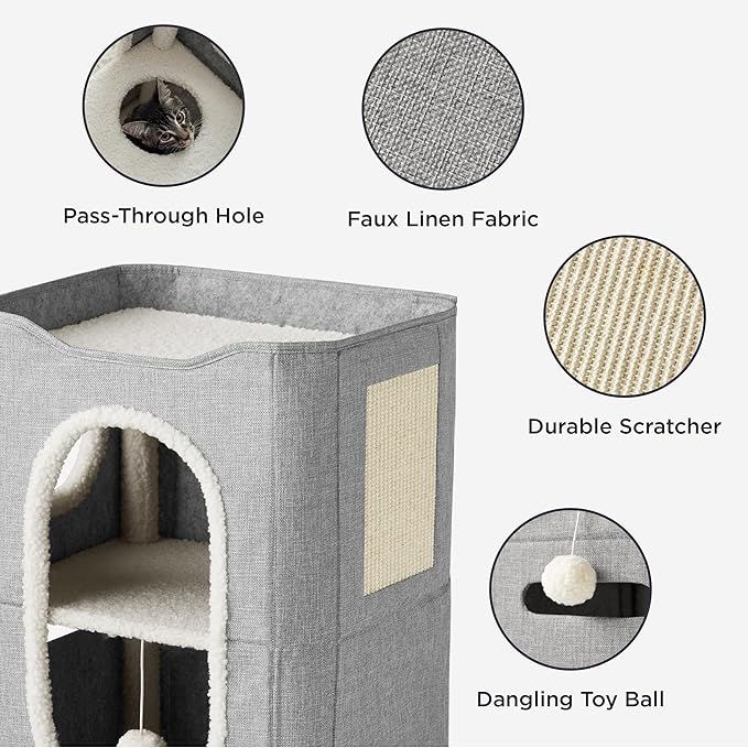 Bedsure 2 Story Cat House - Cat Condos for Indoor Cats with Scratch Pad and Fluffy Ball Hanging, Small Pet Cave Furniture Hideaway for Multi Pets, 18x14x23 inches, Grey-PawvioPets