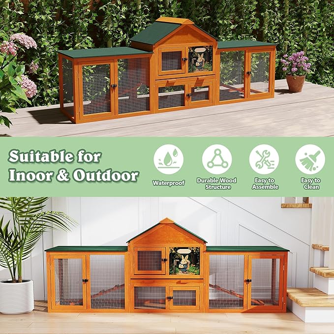 COZIWOW 82” Extra Large Fashion Wooden Outdoor Rabbit Hutch Bunny Cage Indoor Easy to Assemble and Durable with Cleaning Tray & Waterproof Roof for Small & Medium Bunny Rabbit Duck Chick (Orange)-PawvioPets