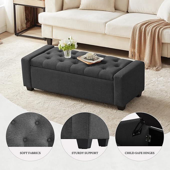 48" Ottoman with Storage, Storage Ottoman Bench with Safety Hinge, Upholstered Entryway Bench with Seating for Bedroom, Living Room, Holds up to 330 lb, Dark Gray-PawvioPets