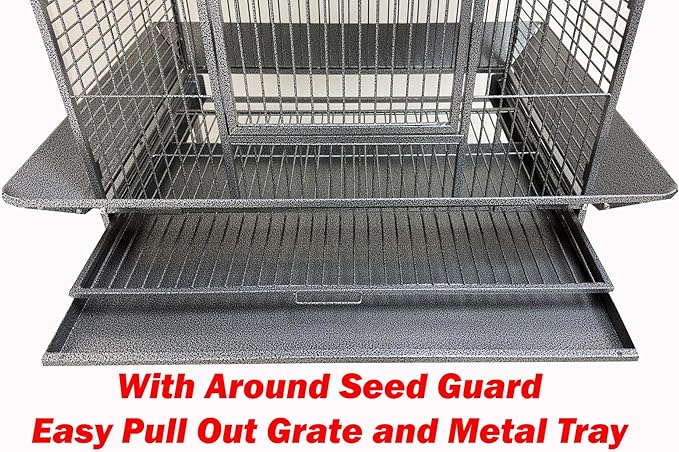 Extra Large Elegant and Durable Wrought Iron Climbing Ladder Perch Stand Play Top Ground Bird Parrot Metal Cage Around Seed Guard Storage Shelf with Heavy Duty Lockable Rolling Wheels-PawvioPets