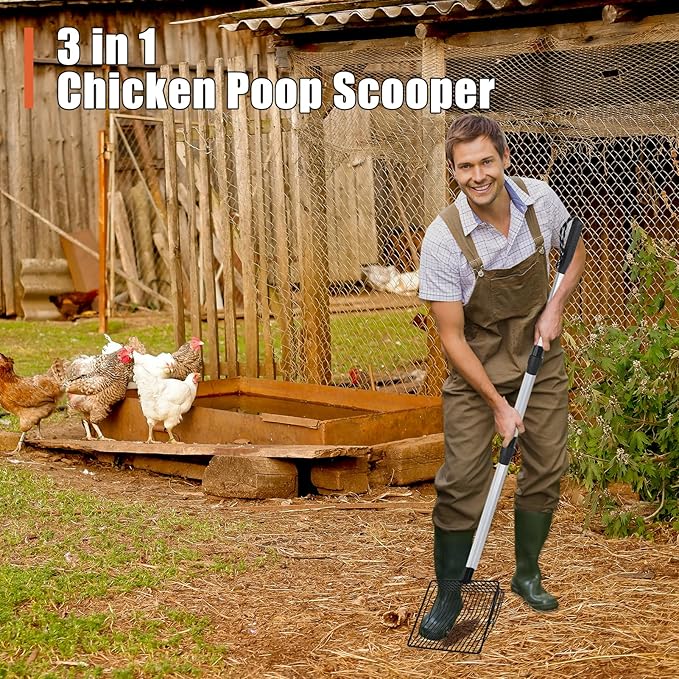 Esmorah Chicken Poop Scooper for Sand & Coop Cleaning - Sifting Shovel with 22"-40" Adjustable Handle, 3 Lengths Heavy Duty Stainless Steel Sifter-PawvioPets