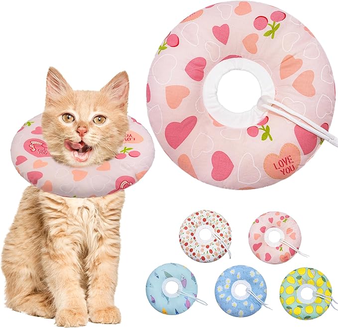 Cat Cone Soft Collar, Adjustable Cat Recovery Collar for Small Medium Large Cats, Cute Donut E Collar After Surgery, Anti-Lick Wound Healing Elizabethan Collar for Kittens (Pink Heart, Small)-PawvioPets