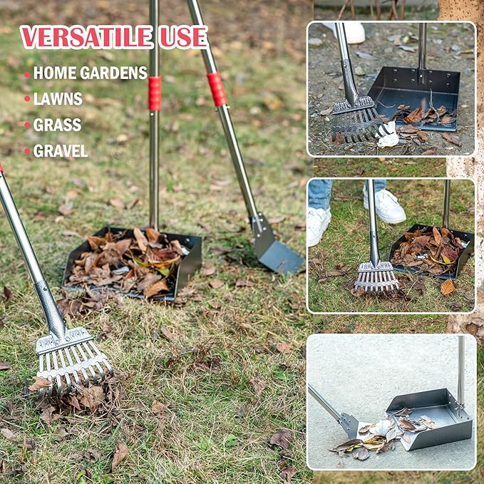Dog Pooper Scooper Set, Pooper Scooper for Dog, Heavy Duty Stainless Steel Rake with Extra Large Tray & Spade No Bending Clean Up for Pet Waste Removal, for Grass, Dirt Or Gravel.-PawvioPets
