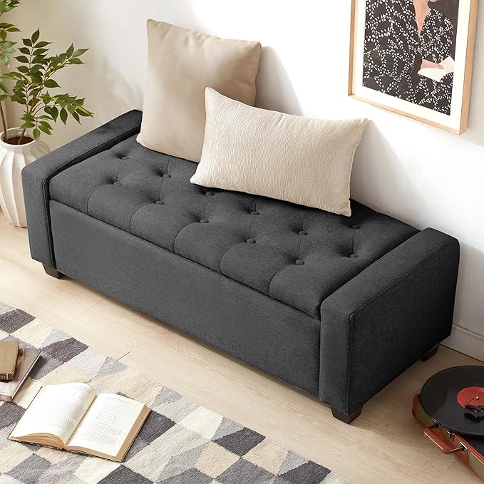 48" Ottoman with Storage, Storage Ottoman Bench with Safety Hinge, Upholstered Entryway Bench with Seating for Bedroom, Living Room, Holds up to 330 lb, Dark Gray-PawvioPets