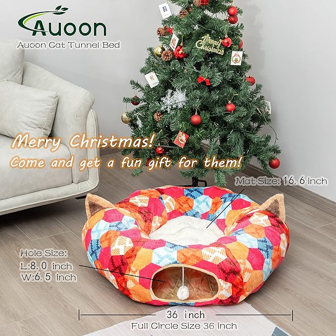 AUOON Cute Cat Donut Tunnel - Interactive Cat Tunnel Bed for Indoor Cats Kitten Kitty Puppy Rabbit Ferret (Orange)-PawvioPets