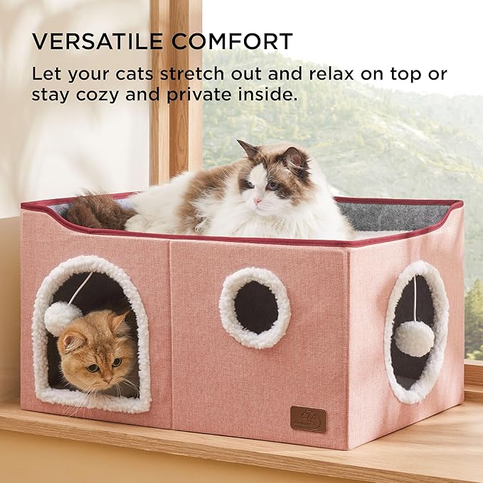 Bedsure Large Cat Beds for Indoor Cats - Extra Wide Cat Cube House for Small Pet with Fluffy Ball Hanging and Scratch Pad, Foldable Pet Cave Hideaway for Multiple Cats, 23.6x16.9x13 inches,Pink-PawvioPets