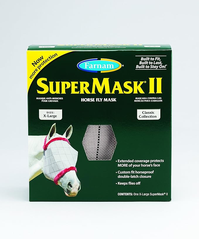 Farnam SuperMask II Fly Mask Without Ears for Larger Horses, Full Face Coverage and Eye Protection from Insect Pests, Structured Classic Styling Mesh with Plush Trim, XL Size-PawvioPets