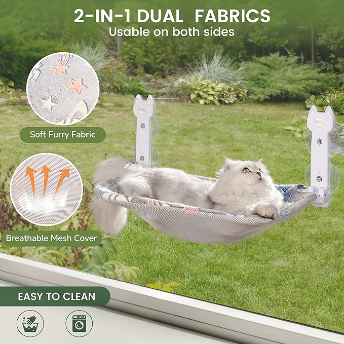 2 Pack Cat Window Perch, Glow in The Dark Foldable Cat Hammock with Sunken Design & Removable Soft Cover, Breathable Cordless Window Bed for Resting Indoor Kitten (Shallow Perch, 2 Pack - L)-PawvioPets