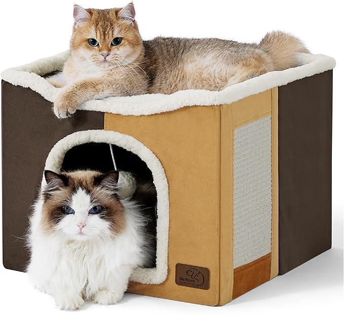 Bedsure Cat Beds for Indoor Cats - Large Cat Cave for Pet Cat House with Fluffy Ball Hanging and Scratch Pad, Foldable Cat Hideaway, 16.5x16.5x13 inches, Burnt Honeycomb-PawvioPets