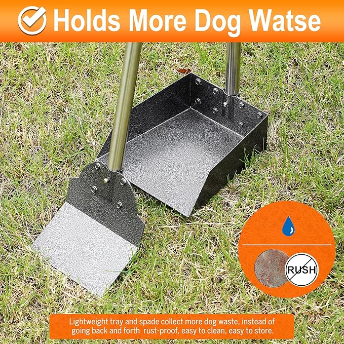 Dog Pooper Scooper, Adjustable Handle Poop Scooper with Tray,Rake and Spade Set of 3, Steel Stainless Poop Scoop for Small Medium Dogs and Pet Waste on Grass, Dirt and Gravel (Medium Size)-PawvioPets