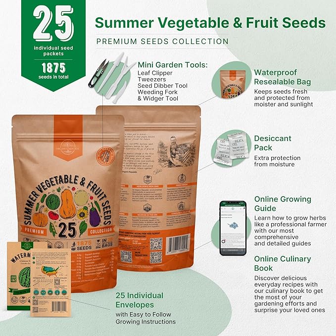 25 Summer Vegetable & Fruit Seeds Variety Pack - 1,870+ Non-GMO Heirloom Veggie & Fruits Seeds for Outdoors and Indoor Home Gardening, Including Collards, Tomato, Pepper, Okra, Onion, Bean, Cucumber-PawvioPets