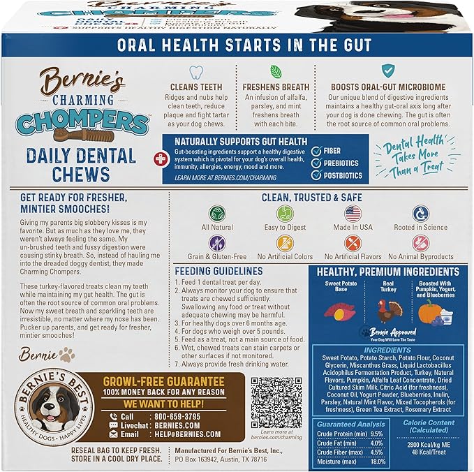 Bernie's Charming Chompers - Daily Dental Chews for Dogs - Cleans Teeth, Freshens Breath, + Boosts Oral-Gut Microbiome. Easy to Digest, Supports Healthy Digestion Naturally (36 oz, Small Dogs)-PawvioPets