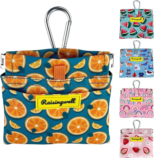 Dog Treat Pouch,Cotton Pocket Sized Training Holder, Hand Free Walking Funny Bag with Carabiner, Self-Closing Pet Feed Snack Reward, Behavior Aids for Puppy Travel or Outdoor Use（Fruit Orange）-PawvioPets