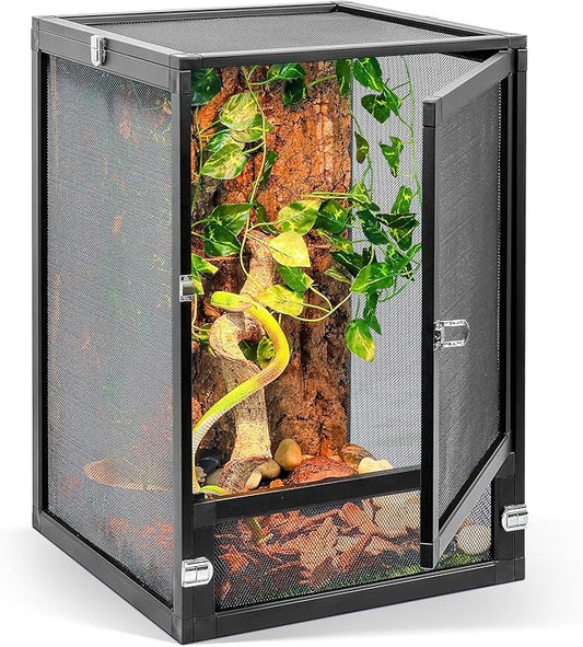 13 Gallon 360° Panoramic Foldable Reptile Terrarium Kit: Crested Gecko Tank and Reptile Cage for Superior Ventilation, Easy Feeding, Sturdiness, and Simple Assembly (Black, 18"x13"x13")-PawvioPets