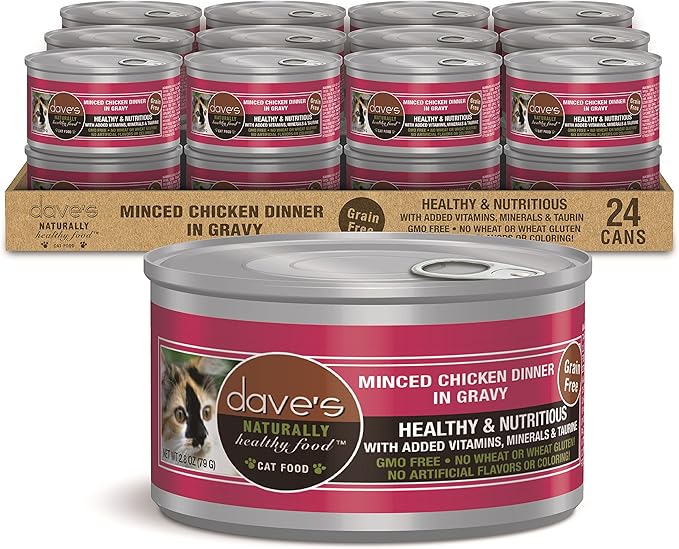 Dave's Pet Food Grain Free Wet Cat Food (Minced Chicken in Gravy), Naturally Healthy Canned, Added Vitamins & Minerals, Wheat, Gluten & GMO-Free, 2.8 oz (24 Pack)-PawvioPets
