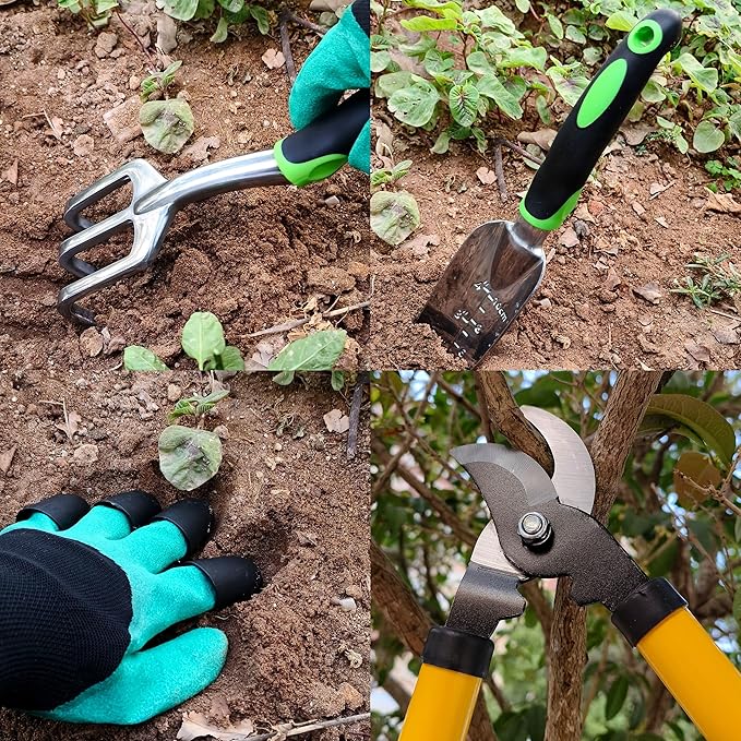 41-Piece Premium Gardening Tool Set, Stainless Steel Heavy Duty Gardening Tool Kit, with Non-Slip Rubber Grip, Storage Tote Bag, Outdoor Hand Tools, Ideal Gardening Gifts for All (Green/Grey)-PawvioPets