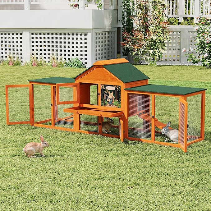 COZIWOW 82” Extra Large Fashion Wooden Outdoor Rabbit Hutch Bunny Cage Indoor Easy to Assemble and Durable with Cleaning Tray & Waterproof Roof for Small & Medium Bunny Rabbit Duck Chick (Orange)-PawvioPets