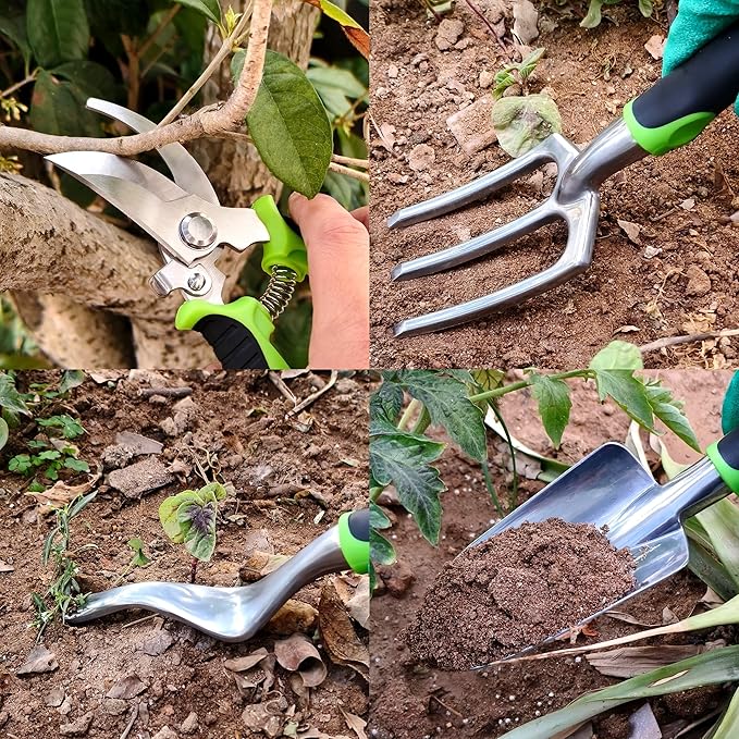 41-Piece Premium Gardening Tool Set, Stainless Steel Heavy Duty Gardening Tool Kit, with Non-Slip Rubber Grip, Storage Tote Bag, Outdoor Hand Tools, Ideal Gardening Gifts for All (Green/Grey)-PawvioPets