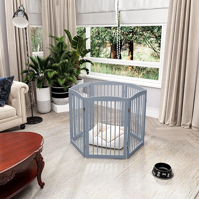 Freestanding Pet Gate for Dogs, Indoor Wooden Foldable Dog Gate for House, Extra Wide, Pet Fence for Stairs, Doorways, Halls, Support Feet Included, 120 Inch Wide, 6 Panels 32",Grey-PawvioPets
