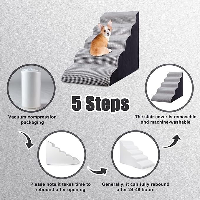 Curved Dog Stairs 24 inches High, Dog Ramp Stairs for Small Dogs for High Beds 20-25 inches Tall, 30D Foam Dog Steps for Beds 24 inches, Pet Stairs/Steps for Old Dogs Cats, Grey-PawvioPets