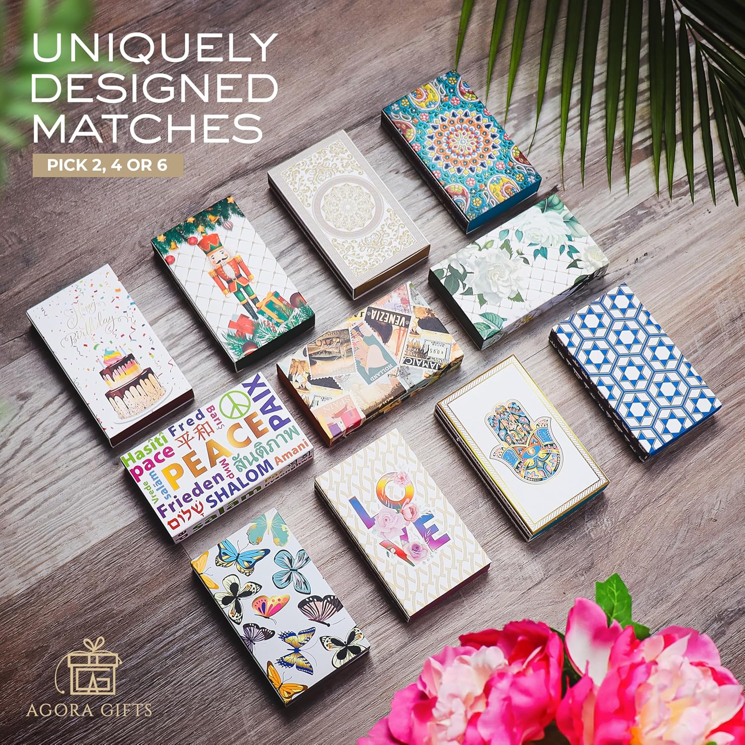 Decorative Matches Box -4-Inch Long Matches for Candles with Strike - Wooden Colorful Candle Sticks with Rainbow Tips - 50 Pc Match Sticks - Matchbox Designs of Your Choice (4 Unique Box Designs)