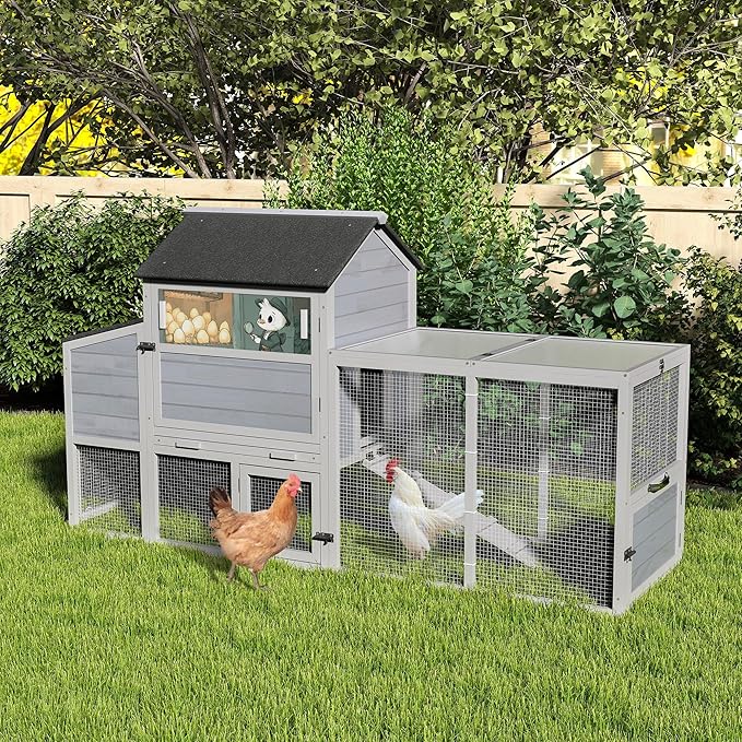 COZIWOW 82" Large Wooden Chicken Coop, Outdoor Rabbit Hutch with Wheels, Sunshine Board, Asphalt Roof, Ramp, Openable Top, Door, Window, Pull-Out Tray, Indoor Bunny Cage (Gray with Pattern)-PawvioPets