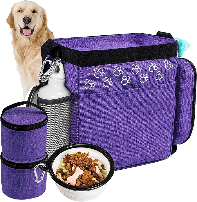 Dog Travel Bag with Treat Pouch, Airline Approved Dog Bags for Traveling, 2 Dog Food Travel Container, 2 Travel Bowls, Weekend Dog Travel Bag for Supplies, Dog Travel Kit Accessories-PawvioPets