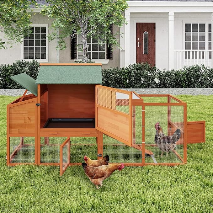 COZIWOW 82" Large Wooden Chicken Coop, Outdoor Rabbit Hutch with Wheels, Sunshine Board, Asphalt Roof, Ramp, Openable Top, Door, Window, Pull-Out Tray, Indoor Bunny Cage (Orange with Pattern)-PawvioPets