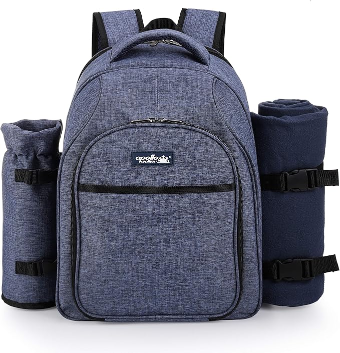 Apollo Walker Picnic Backpack Bag for 2 Person with Cooler Compartment, Detachable Bottle/Wine Holder, Fleece Blanket, Plates and Cutlery Set (2 Person, Navy)-PawvioPets