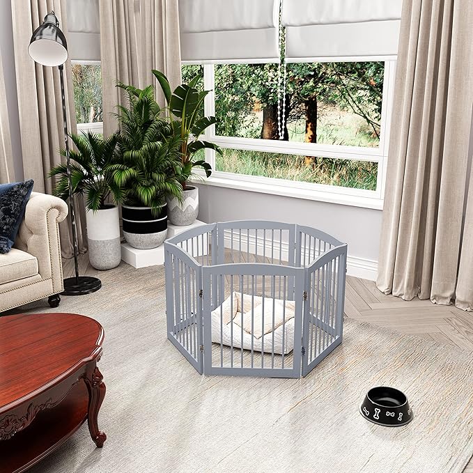 Freestanding Pet Gate for Dogs, Foldable Wooden Dog Gate for House, Extra Wide Indoor Pet Barrier for Stair, Doorway, Hall, Support Feet Included, 120 Inch Wide, 6 Panels 24", Grey-PawvioPets