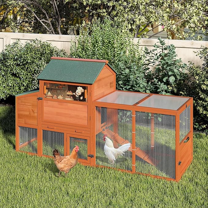 COZIWOW 82" Large Wooden Chicken Coop, Outdoor Rabbit Hutch with Wheels, Sunshine Board, Asphalt Roof, Ramp, Openable Top, Door, Window, Pull-Out Tray, Indoor Bunny Cage (Orange with Pattern)-PawvioPets
