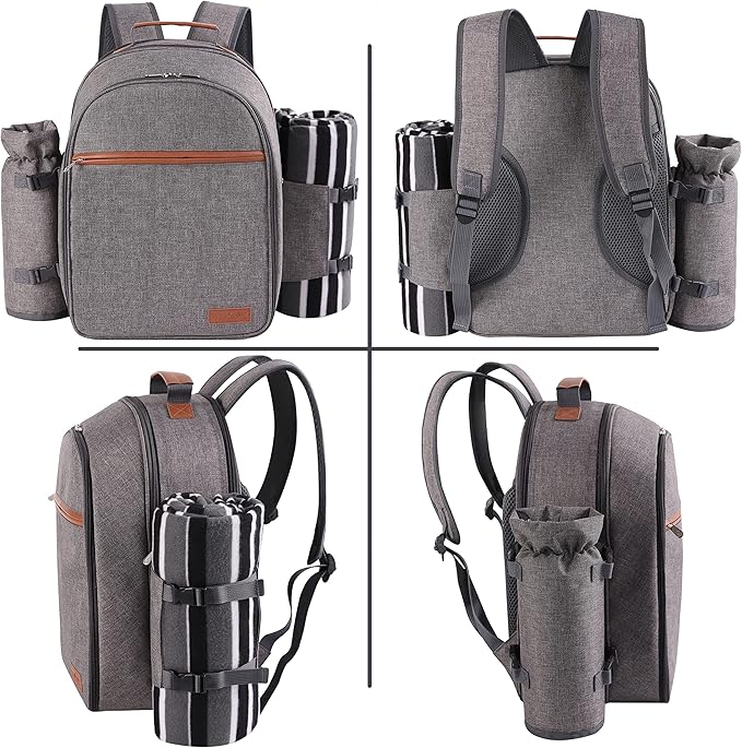 Apollo Walker Picnic Backpack Set for 2 Person with Cooler Compartment, Detachable Bottle/Wine Holder, Fleece Blanket, Plates and Cutlery Set-PawvioPets