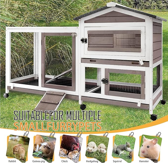 57" L Rabbit Hutch Indoor Outdoor 2 Story Large Bunny Hutch with Run Guinea Pig Cage Wooden Rabbit Cage with Removable 3 Pull Out Trays Pet House for Small-Medium Animals-PawvioPets