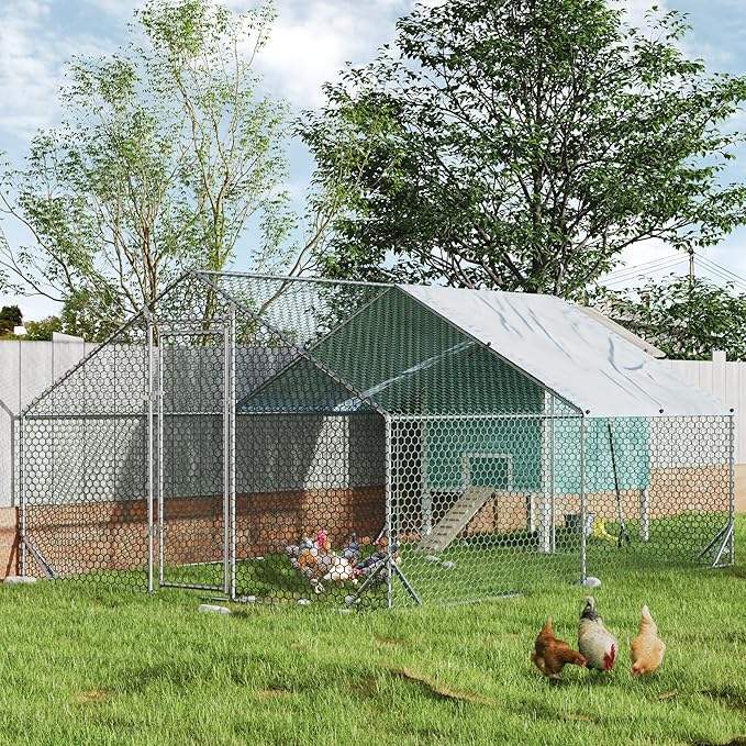 4ever2buy Large Metal Chicken Coop with Run Walk-in Poultry Cage Chicken Runs House Pen Cage Spire Roofed Chicken Coops with Anti-Ultraviolet Cover for Outdoor Yard Farm Use 9.8’L x 13.1’W x 6.4’H-PawvioPets