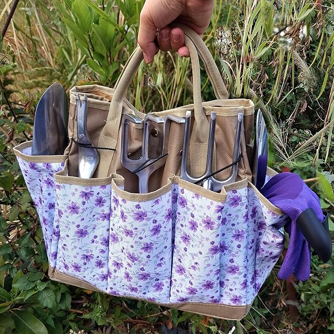 41-Piece Premium Gardening Tool Set, Stainless Steel Heavy Duty Gardening Tool Kit, with Non-Slip Rubber Grip, Storage Tote Bag, Outdoor Hand Tools, Ideal Gardening Gifts for All (Purple Floral)-PawvioPets