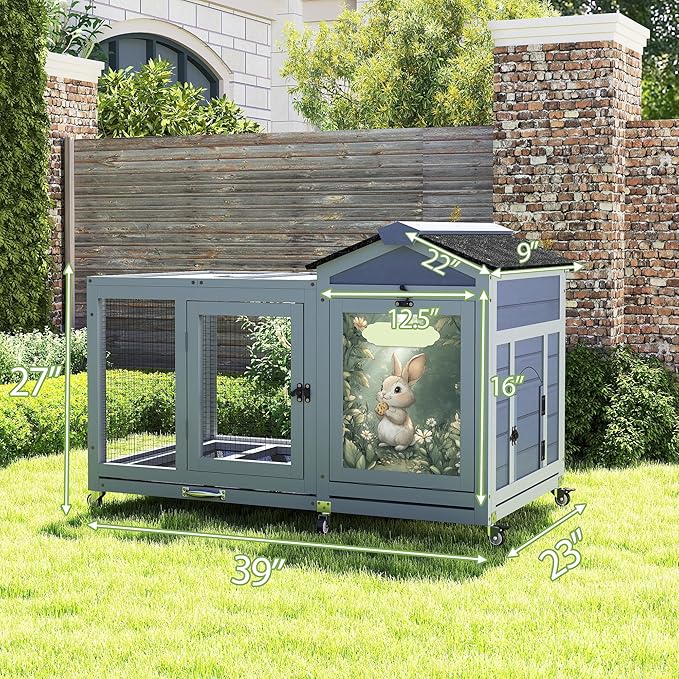 COZIWOW 38.5inches Durable Wooden Rabbit Cage Indoor，Wide Space Small Animal House with Removable Tray&Safety Lock，Rubbit Hutch with Waterproof Roof&Solar Panels (Grey with Pattern)-PawvioPets