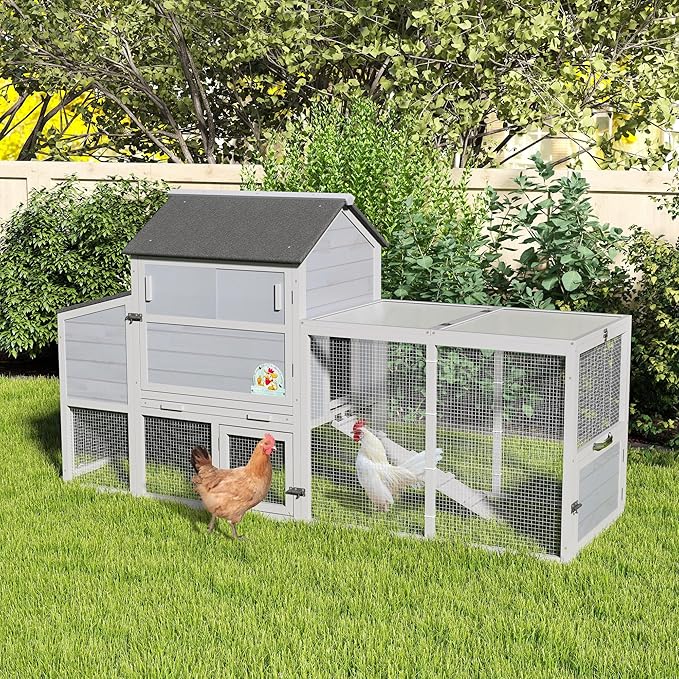 COZIWOW 82" Large Wooden Chicken Coop, Outdoor Rabbit Hutch, Guinea Pig Pet House with Wheels, Sunshine Board, Asphalt Roof, Ramp, Openable Top, Door, Window, Pull-Out Tray, Indoor Bunny Cage (Gray)-PawvioPets