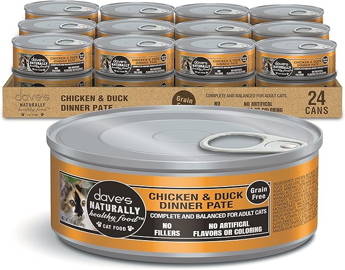 Dave's Pet Food Grain Free Wet Cat Food Pate (Chicken & Duck Dinner), Made in Canada Naturally Healthy Canned, Added Vitamins & Minerals, 5.5 oz Cans (24 Pack)-PawvioPets