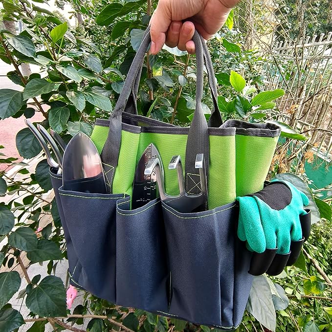 41-Piece Premium Gardening Tool Set, Stainless Steel Heavy Duty Gardening Tool Kit, with Non-Slip Rubber Grip, Storage Tote Bag, Outdoor Hand Tools, Ideal Gardening Gifts for All (Green/Grey)-PawvioPets