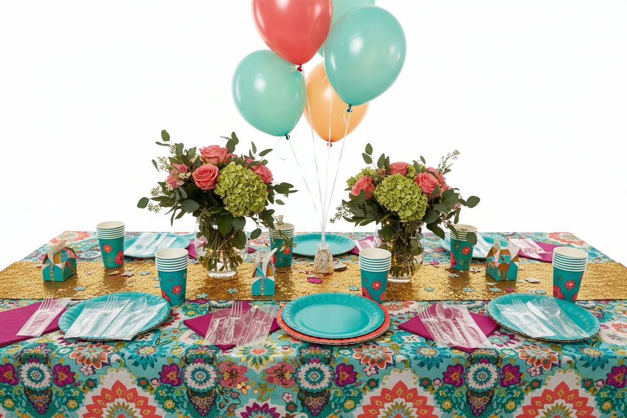 ableware & Setup

Plates, cups, napkins, and cutlery

Tablecloths, runners, and centerpieces

Themed table décor kits (make it real photo)